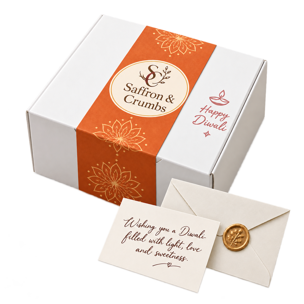 Tall white non-corrugated cardboard craft box with a saffron-orange sleeve and Saffron and Crumbs logo, handwritten note and gold wax-sealed envelope