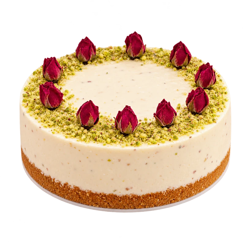 Gulab jamun cheesecake decorated with pistachios and edible roses